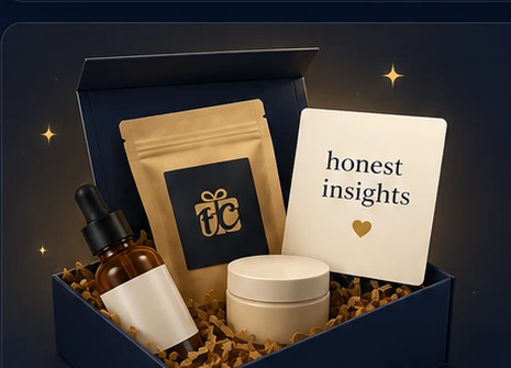 Freebies Community product-feedback kit with a pouch, dropper bottle, jar and feedback card